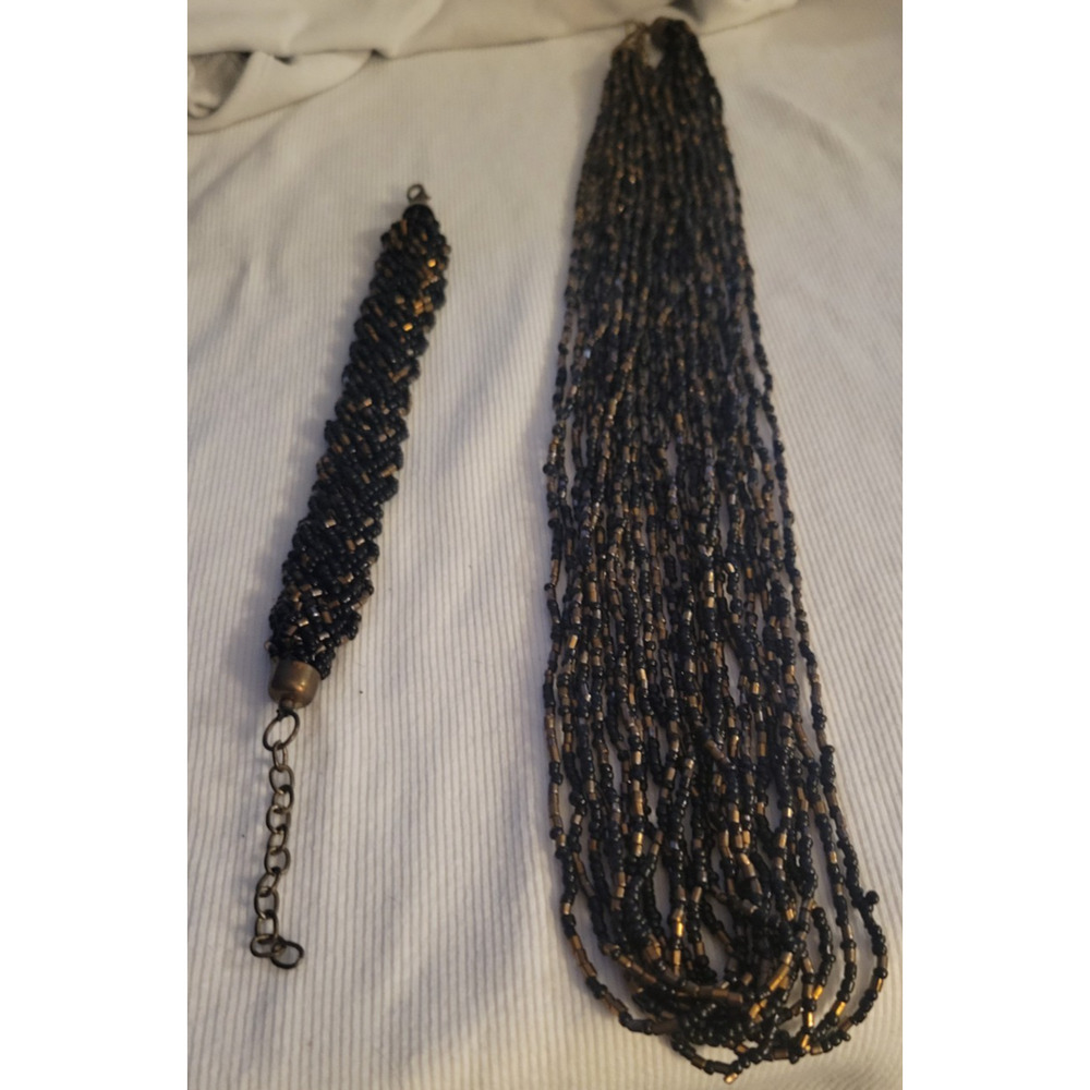 12 strand Beaded Necklace And Bracelet Set 27" Blck and gold beads